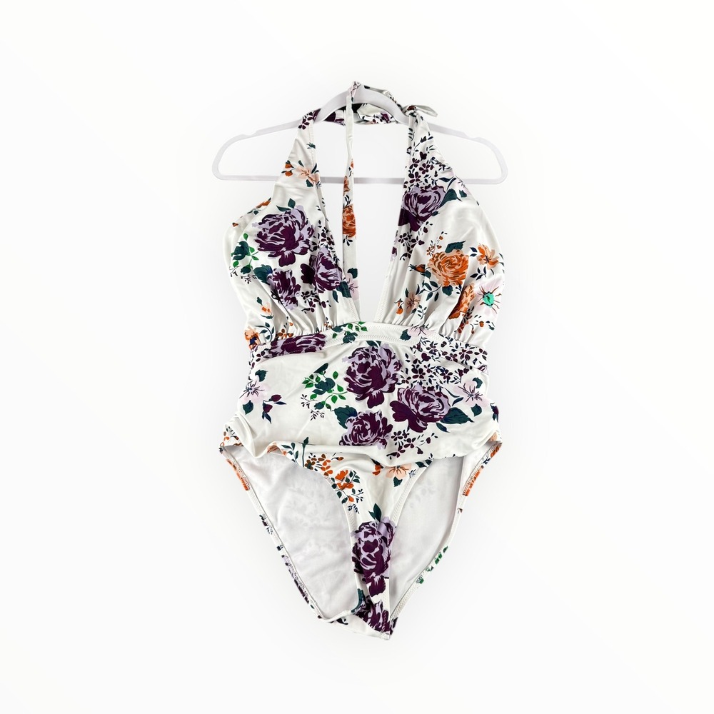 Cupshe Womens Purple Orange Floral Plunge Halter One Piece Swimsuit XL AB20446M